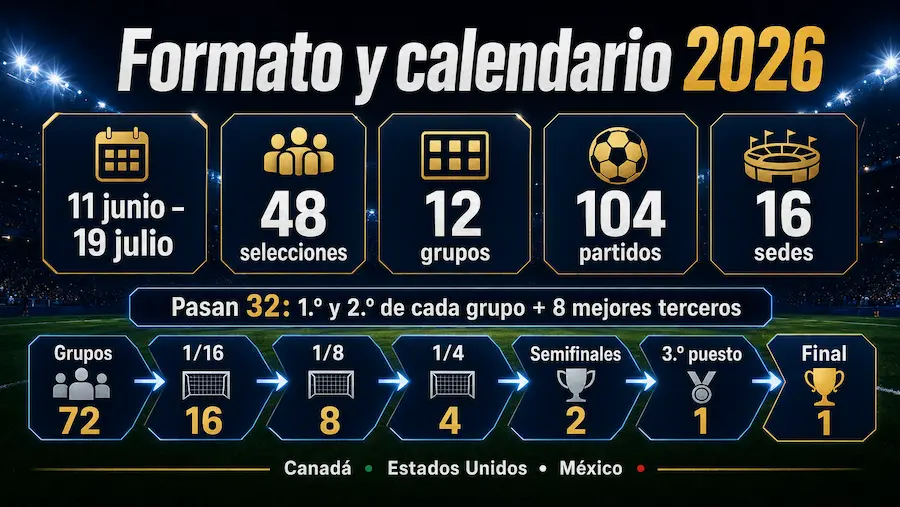 Formato del Mundial 2026 con 48 selecciones, 12 grupos, 104 partidos y fechas del torneo