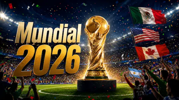 Imagen hero del Mundial 2026 con trofeo dorado, estadio lleno, banderas de México, Estados Unidos, Canadá y ambiente de fútbol internacional